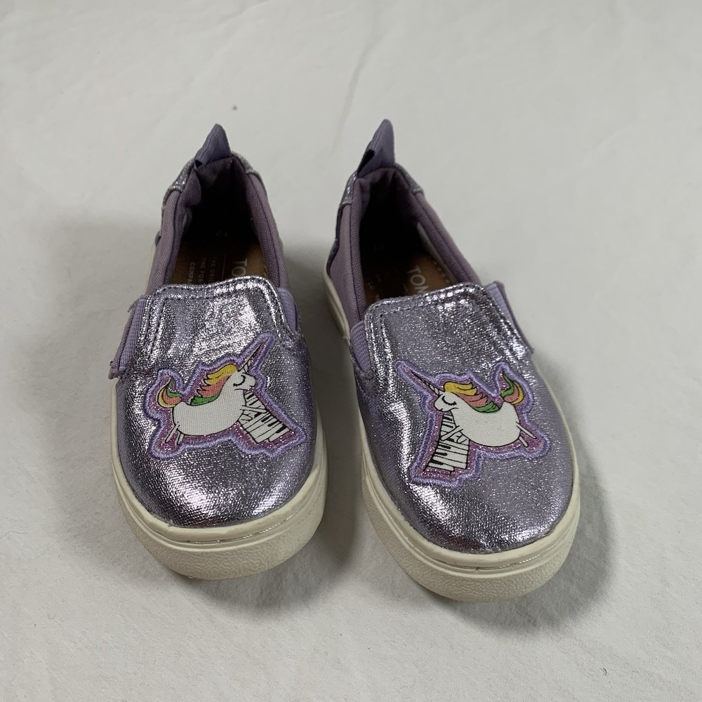 TOMS Toddler Girls Size 7 Sparkly Purple Unicorn Slip-On Shoes Hook & Loop Close
